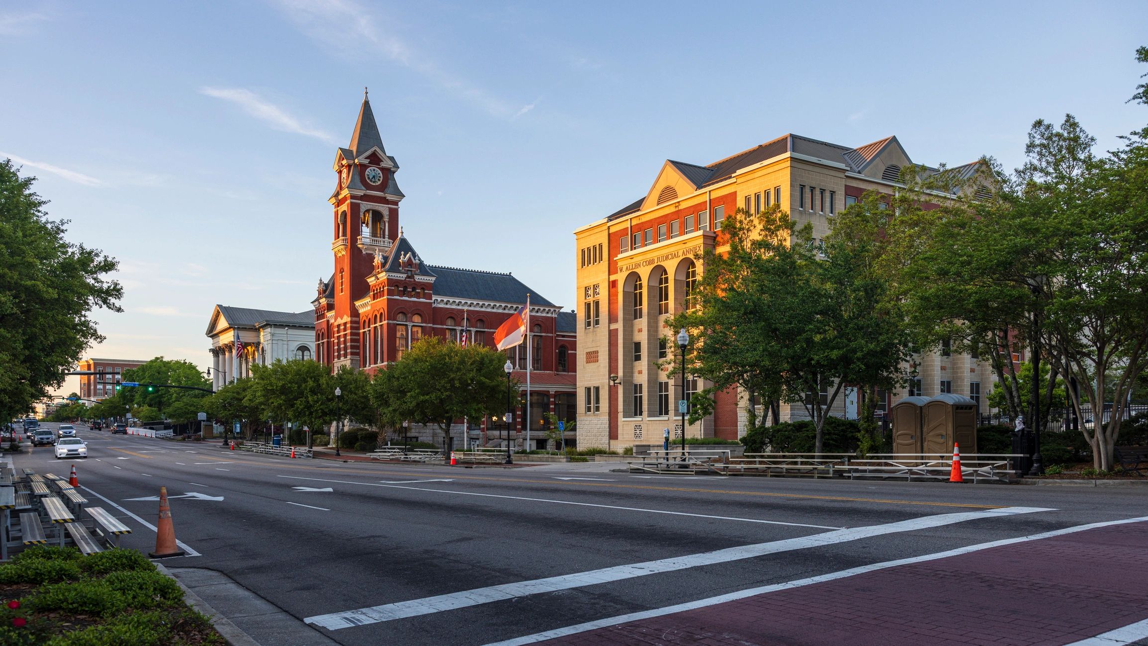 Historic main street scene with heritage architecture